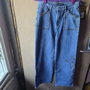 Stretchy Beautiful Blue Wash High-waisted Wide-Leg Star-studded Jeans ⭐️